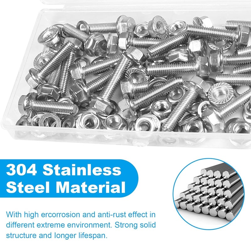 Yinpecly 25 Sets M6-1.0 x 25mm Flanged Hex Head Bolts Kits, M6 Flange Hexagon Screws and Nuts,Flat & Spring Lock Washers,18-8 (304) Stainless Steel,Metric Bolt Assortment, Fully Threaded - Image 4